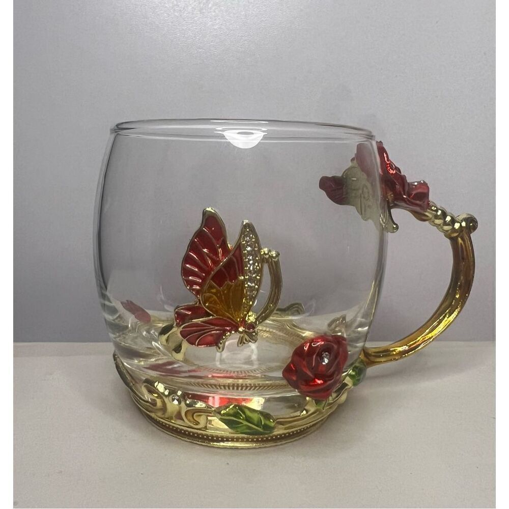 ARC of France Glass Coffee Tea Cup Jeweled‎ Floral Enameled Gold Handle